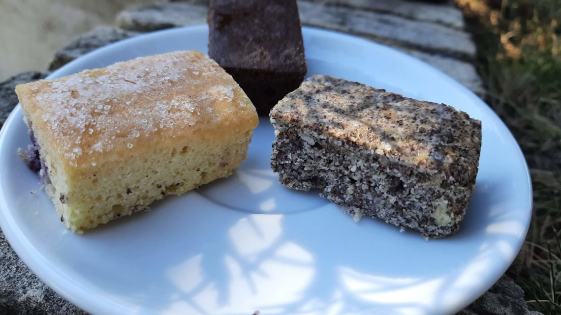 Drei Stücke Kuchen, Zitrone-Blaubeere vorne rechts, Schoko hinten in der Mitte und Quark-Mohn vorne rechts. 