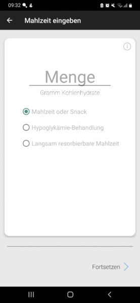 Screenshot vom Fenster "Mahlzeit eingeben" in der mylife loop App