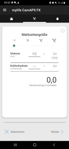Screenshot von der Bolus-Berechnungs-Ansicht in der mylife loop App