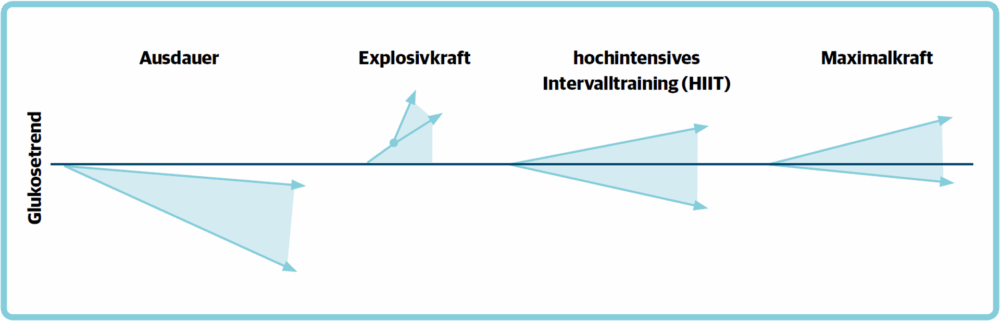 Sicher Sport treiben mit Typ-1-Diabetes: Das „Insulin on Board“ muss stimmen | Abb. 1: Glukosetrends bei unterschiedlichen Belastungen (nach Michael C. Riddell, 2022)