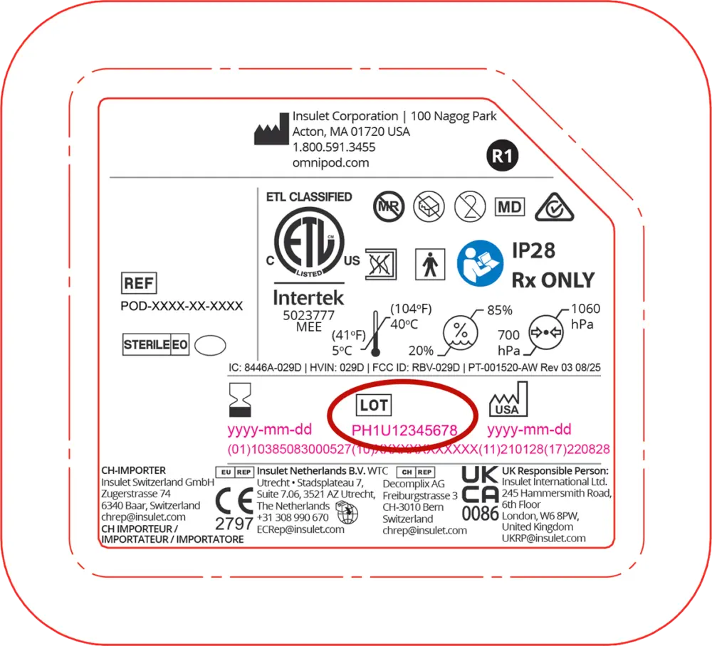 Position der Chargennummer auf dem Etikett der einzelnen Pod‑Verpackung | Foto: Insulet