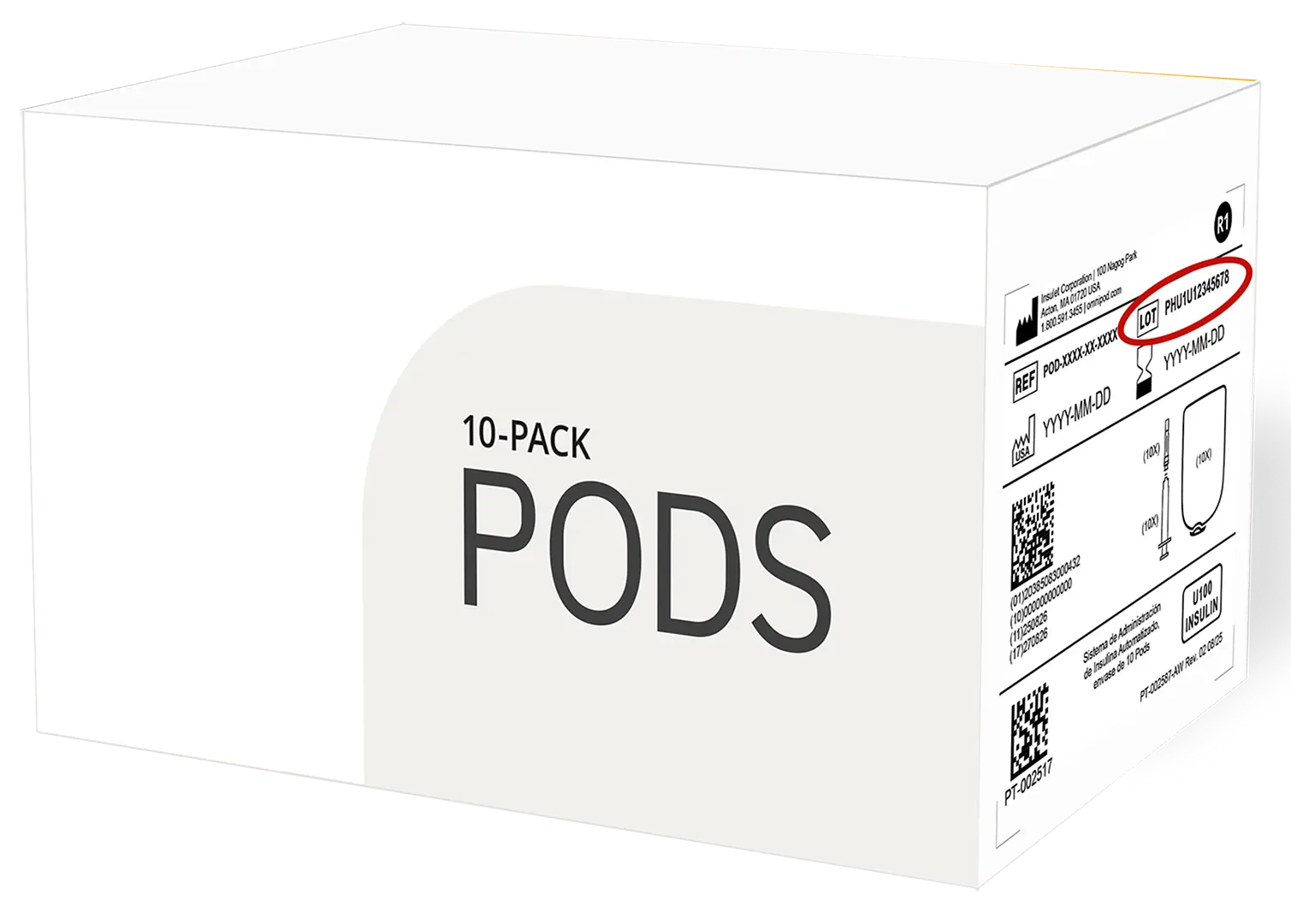 Position der Pod-Chargennummer an der Seite der 10er-Pod-Packung (Hinweis: Alle Pods in derselben Packung haben dieselbe Pod-Chargennummer). | Fotos: Insulet