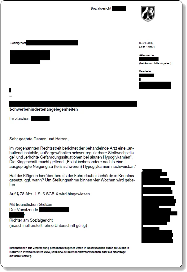 Nachgefragt | Recht: Wird die Führerscheinstelle über Gesundheitsdaten informiert | Ein Beispiel, wie das Sozialgericht die Meldung an die Führerscheinbehörde ankündigt | Foto: Oliver Ebert