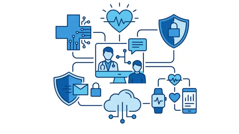 Eine schematische Darstellung digital-vernetzter Systeme im Gesundheitsbereich