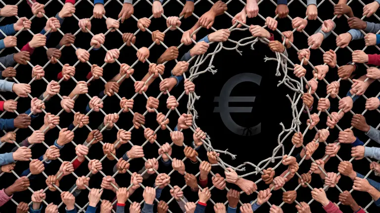 Viele Hände unterschiedlicher Hautfarben halten ein dichtes Netz aus Seilen. In der Mitte ist ein gerissenes Seil und ein großes Eurozeichen zu sehen – als Symbol für den finanziellen Druck auf die organisierte Selbsthilfe.