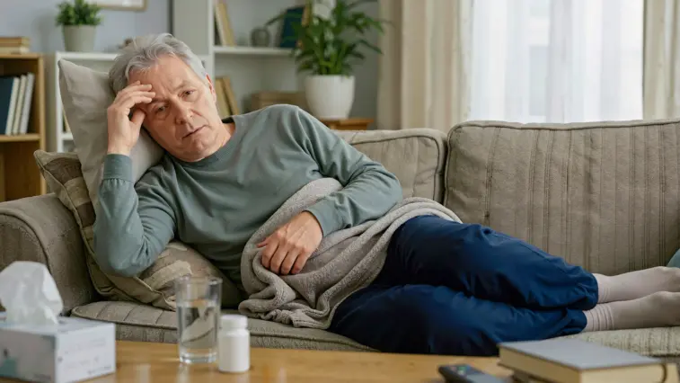 Ein erschöpft wirkender älterer Mann liegt mit einer Decke auf einem Sofa und hält sich die Stirn. Auf dem Tisch stehen ein Glas Wasser und eine Medikamentenpackung.