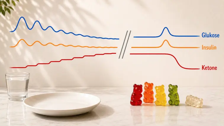 KI-generierte Illustration mit drei Kurvenverläufen für Glukose, Insulin und Ketone an einer Wand, davor ein leerer Teller, ein Glas Wasser und bunte Gummibärchen auf einer Tischplatte.