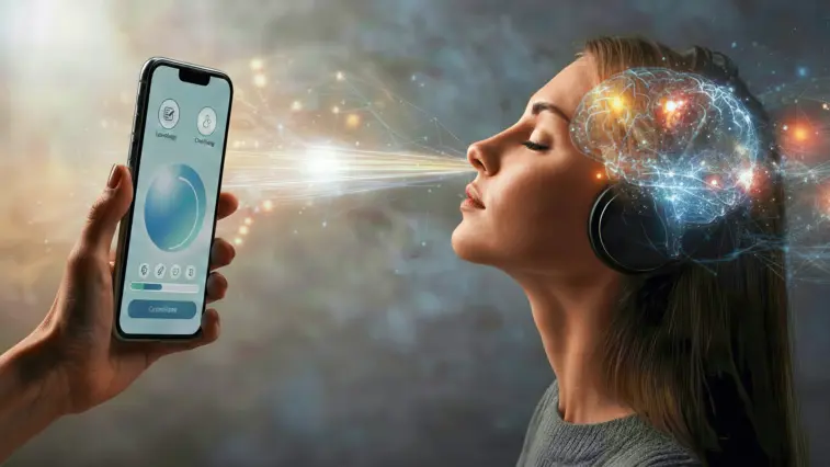 Illustration einer Frau mit geschlossenen Augen und Kopfhörern, die von einer Hand ein Smartphone mit einer Gesundheits-App präsentiert bekommt; hinter ihrem Kopf ist ein leuchtendes, netzartig dargestelltes Gehirn zu sehen.