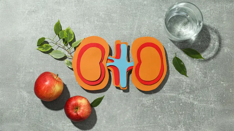Bunte Illustration zweier Nieren aus Papier, umgeben von Apfel, grünen Blättern und einem Glas Wasser.