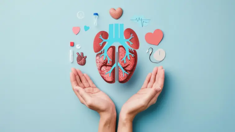 Zwei geöffnete Hände halten eine stilisierte Darstellung von Lunge und weiteren Organen, umgeben von medizinischen Symbolen wie Herzen, Tabletten und einem EKG.