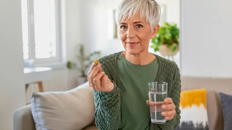 Eine Frau mit kurzen grauen Haaren hält eine gelbe Kapsel in der Hand und ein Glas Wasser in der anderen. Sie sitzt in einem hellen Wohnraum.
