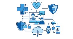 Eine schematische Darstellung digital-vernetzter Systeme im Gesundheitsbereich