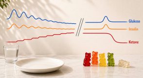 KI-generierte Illustration mit drei Kurvenverläufen für Glukose, Insulin und Ketone an einer Wand, davor ein leerer Teller, ein Glas Wasser und bunte Gummibärchen auf einer Tischplatte.