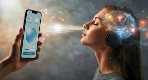Illustration einer Frau mit geschlossenen Augen und Kopfhörern, die von einer Hand ein Smartphone mit einer Gesundheits-App präsentiert bekommt; hinter ihrem Kopf ist ein leuchtendes, netzartig dargestelltes Gehirn zu sehen.