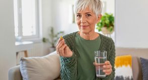 Eine Frau mit kurzen grauen Haaren hält eine gelbe Kapsel in der Hand und ein Glas Wasser in der anderen. Sie sitzt in einem hellen Wohnraum.